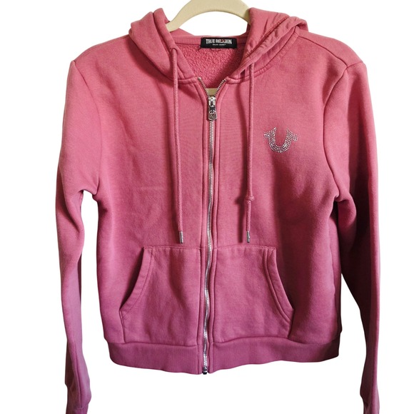 True Religion S Rose Pink Rhinestone Horseshoe Zip Up Hoodie Sweatshirt Women's - Picture 2 of 8